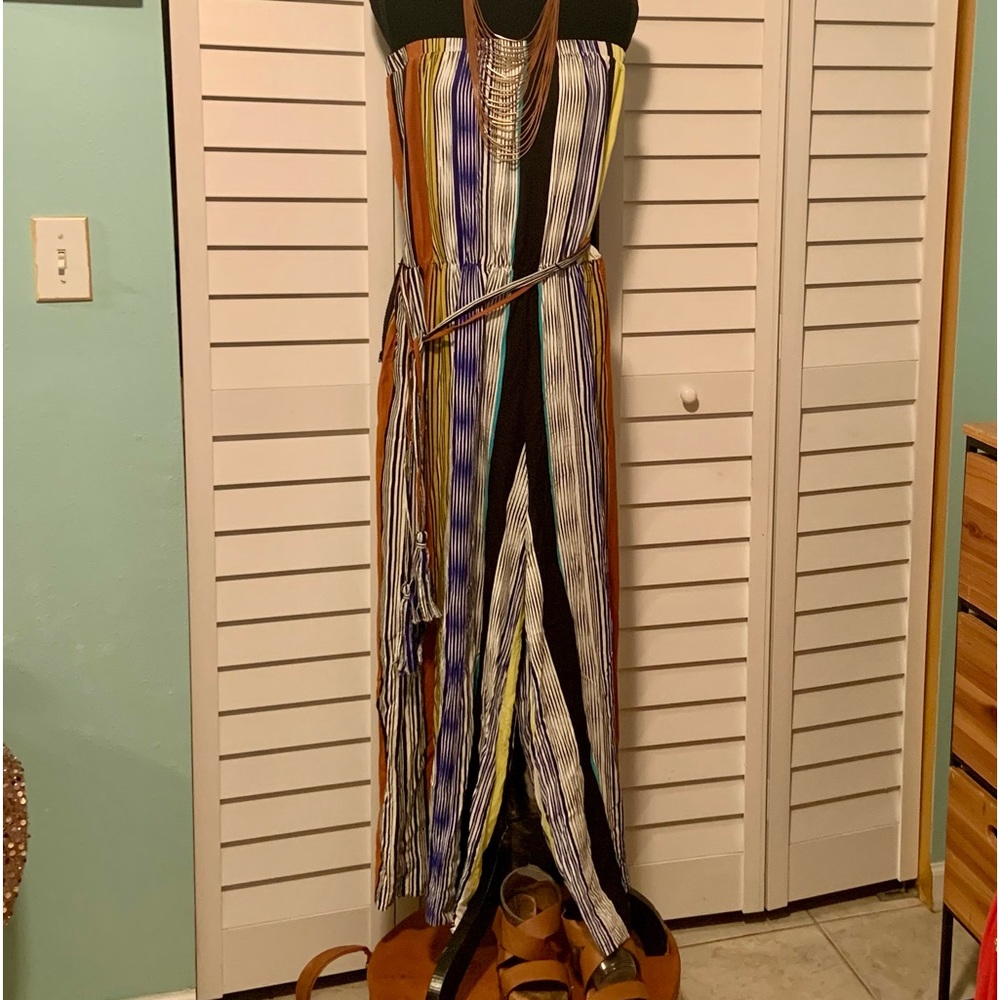 Wide leg striped romper with belt tie MSK